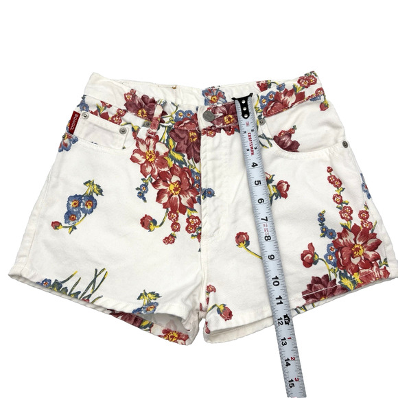 Vintage 80s 90s BONGO White & Floral Print Denim High Rise Mom Shorts Jr 1 25x2" - Picture 12 of 14